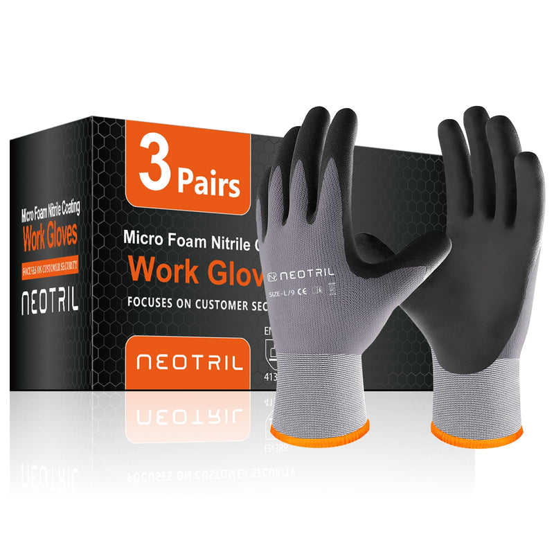 Safety Work Gloves MicroFoam Nitrile Coated-3/6/12/36 Pairs,Breathable Nylon Working Gloves for Men Women 9/Large 3 Pairs/ Grey