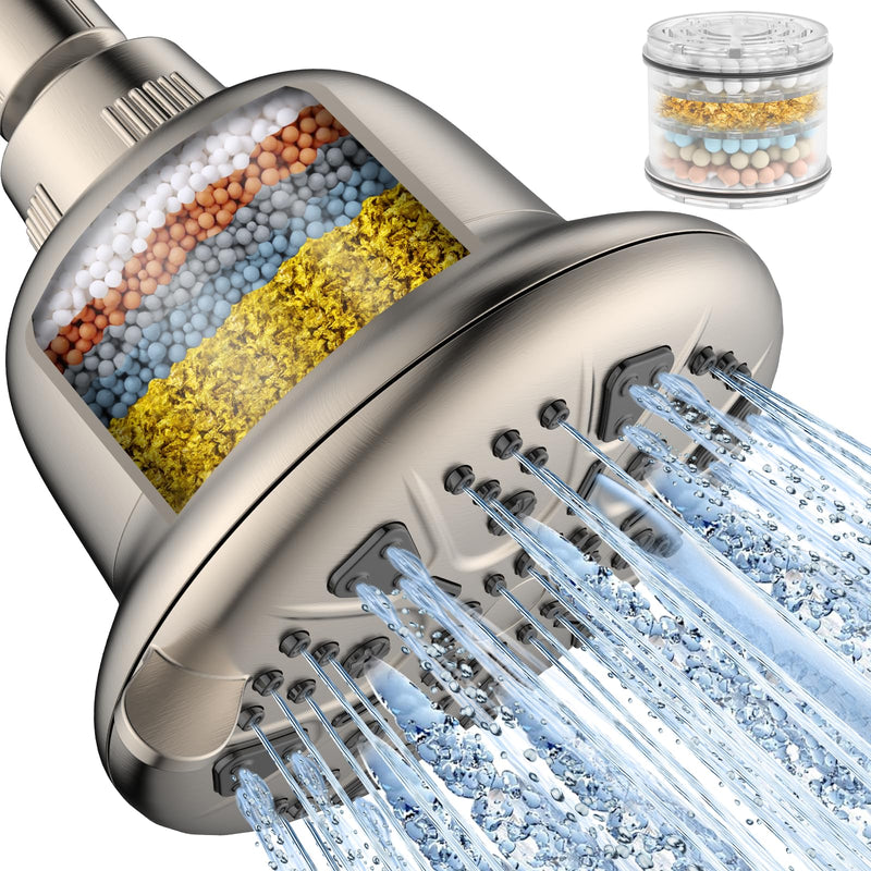MakeFit Filtered Shower Head Brushed Nickel - High Pressure Shower Head with Filter for Hard Water Softener - 7 Settings Bathroom Rain Showerhead to Remove Chlorine and Heavy Metals Premium Filter
