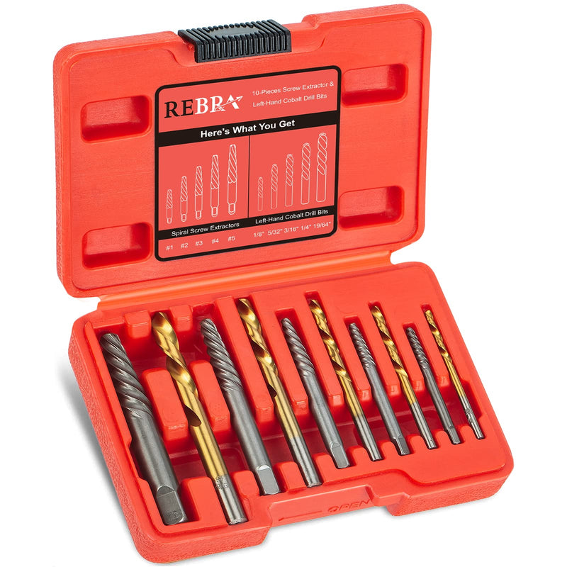 Screw Extractor Set, 37# Cr-Mo & 6542 HSS Steel Cobalt Left-Hand Drill Bit, Easy Out Broken Bolt Remover Reverse, Ez Out Stripped, Rounded-Off, Damaged Bolts, Screws&Studs Removal Tool (10-Pieces) 10-Pieces