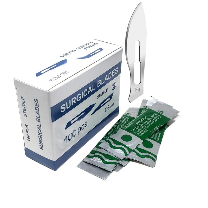 Box of 100 Scalpel Sterile Blades Carbon Steel Individually Foil Wrapped (Blade #24) Blade #24