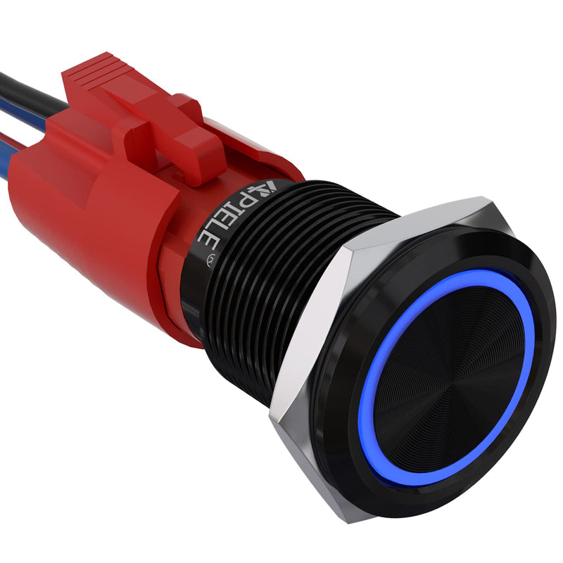 APIELE 10 Amp 19mm Latching Push Button Switch 12V SPST LED Waterproof Round Self-Locking 1NO (Black Aluminum, Blue) Black Aluminum