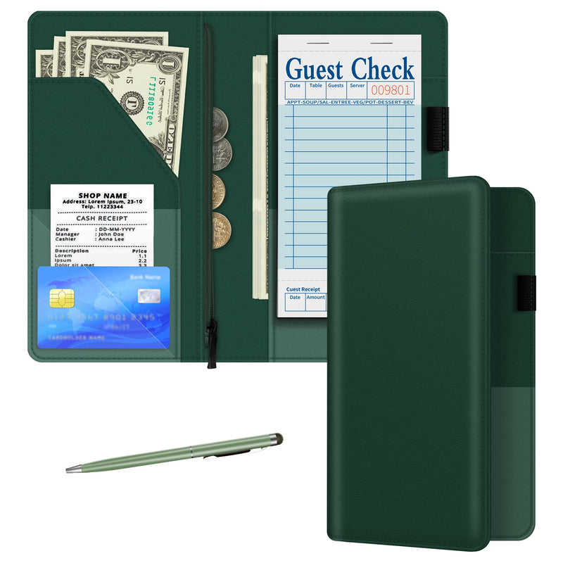 BVYA Server Book for Waitress, 5x9 Inch Server Book with Zipper Pocket, Solid Candy Sweet Leather Server Wallet Organizer Fit Waitress Apron BLACKISH GREEN