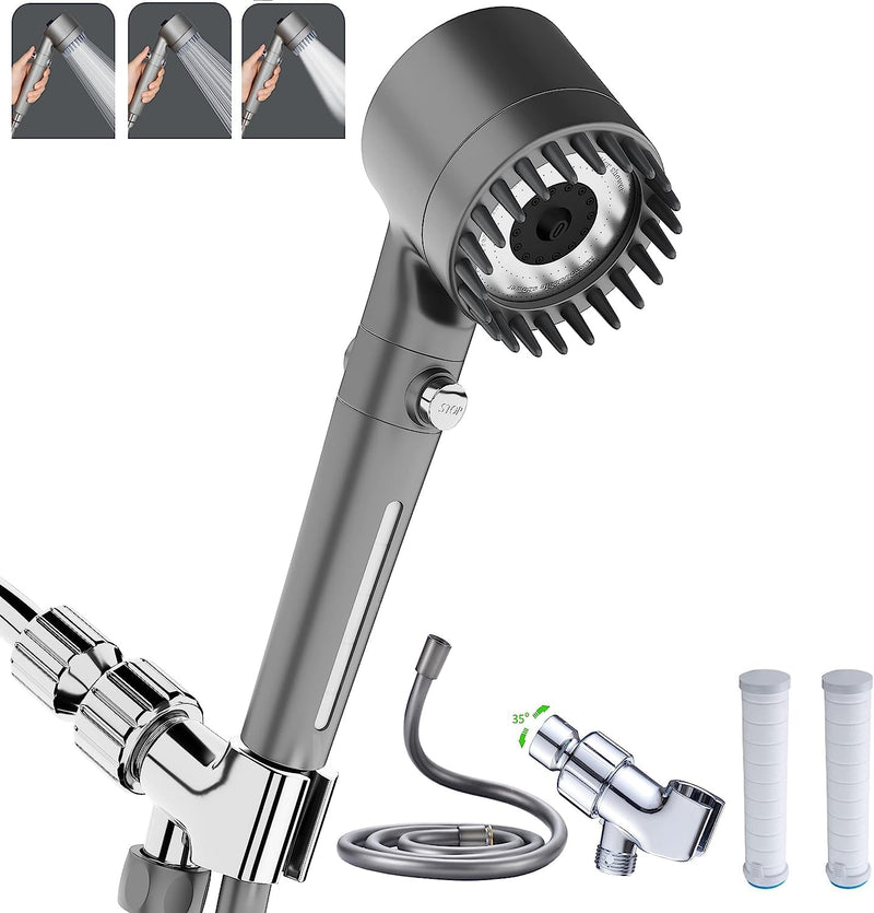 Shower Head with Handheld, Shower Heads High Pressure, High Flow Even with Low Water Pressure-Hand Held Showerhead Set,3 Modes Filtered Showerhead with 59″Replacement Hose/Bracket/Cotton Filters Gray