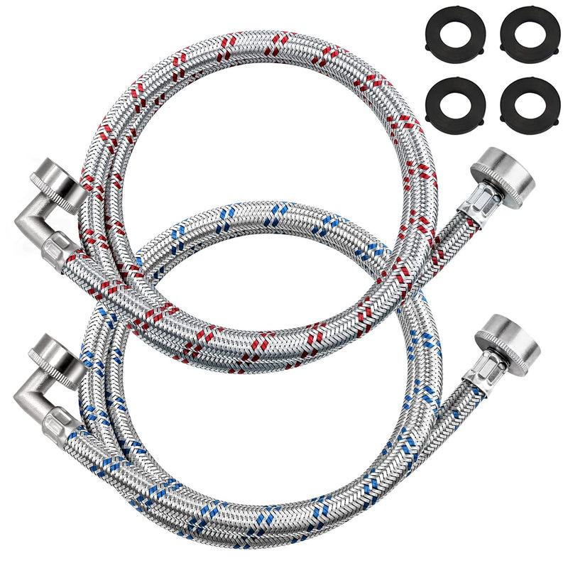 4FT Stainless Steel Washer Hoses with 90 Degree Elbows by Beaquicy - 2 Pack No-Lead Burst Proof Hot & Cold Water Connection Inlet Washer Supply Lines