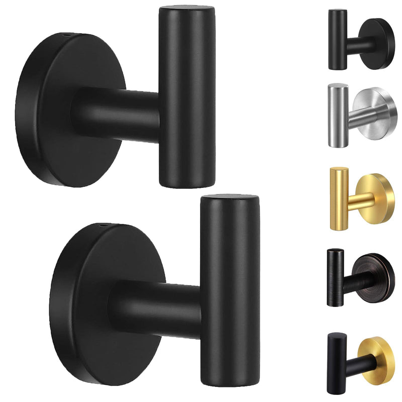Kruodop Towel Hooks for Bathroom,2 Packs Wall Mount Towel Holder,Black Matte Wall Robe Hook,Stainless Steel Heavy Duty Door Hanger Towel Hook for Kitchen, Bedroom,Hotel,Pool,Coats(Drilling) 2pcs black