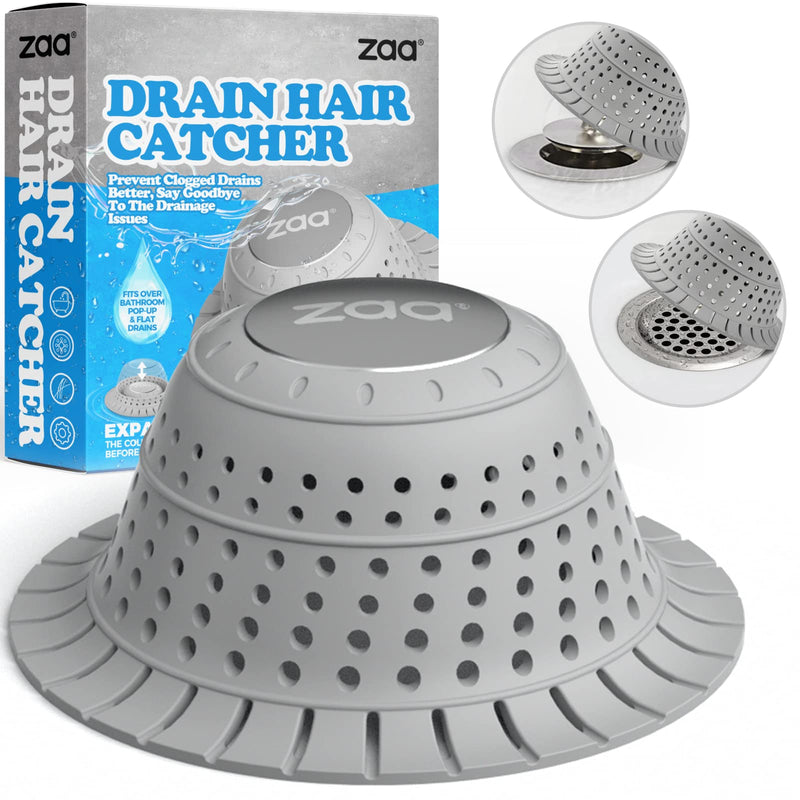 zaa Bathtub Drain Hair Catcher, Silicone Collapsible 1 Pack Drain Protector for Pop-Up and Regular Drains of Shower, Bathtub, Tub, Bathroom, Sink Gray
