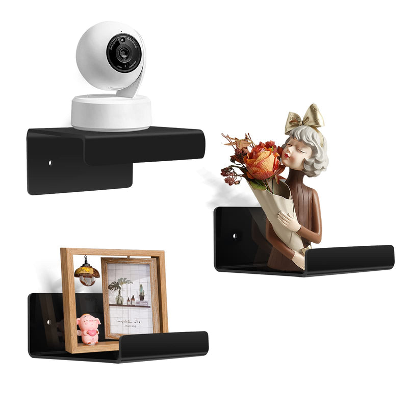 3 Pack Acrylic Small Floating Shelf for Wall Storage,4'' Mini Adhesive Shelf for Living Room,Bathroom,Bedroom,(Adhesive&Drilling) Black