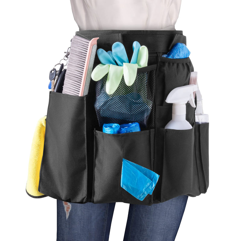 LoDrid Cleaning Apron for Housekeeping with 9 Pockets, Professional Cleaning Bag with Adjustable Waist Belt, Cleaning Supplies Apron for Work, Black