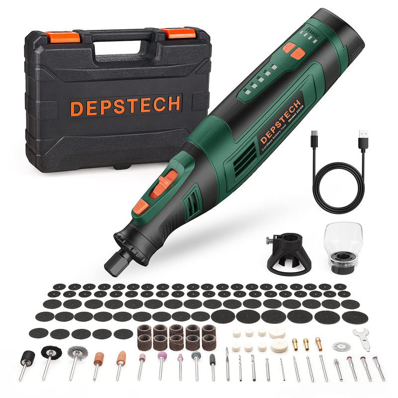 DEPSTECH Cordless Rotary Tool Kit, 8V 2.0Ah Rechargeable Battery, 30000RPM 5-Speed Multi Power Carving Tools, 127Pcs Accessories, Shield Attachment, Cutting/Drilling Guide for Handmade/DIY Creations DC08