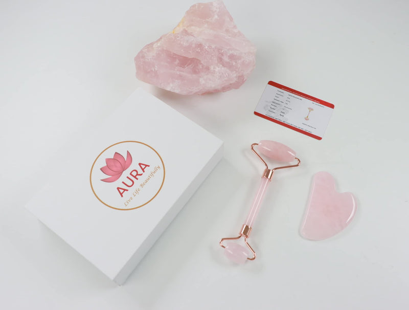 Aura - Live life beautifully Premium Certified Luxury 100% Authentic Rose Quartz Pink Roller & Gua Sha Set for Anti-Aging Skin Care, Muscle Relaxation, Fine Line Reduction, and Eye Puffiness Relief - NewNest Australia