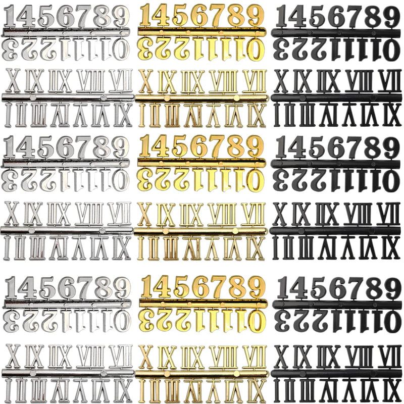 GXXMEI 18Sets Clock Numerals Kit Including Arabic Number and Roman Number DIY Digital Clock Numbers for Design Replacement Repairing Clock Accessories (Gold, Silver, Black)