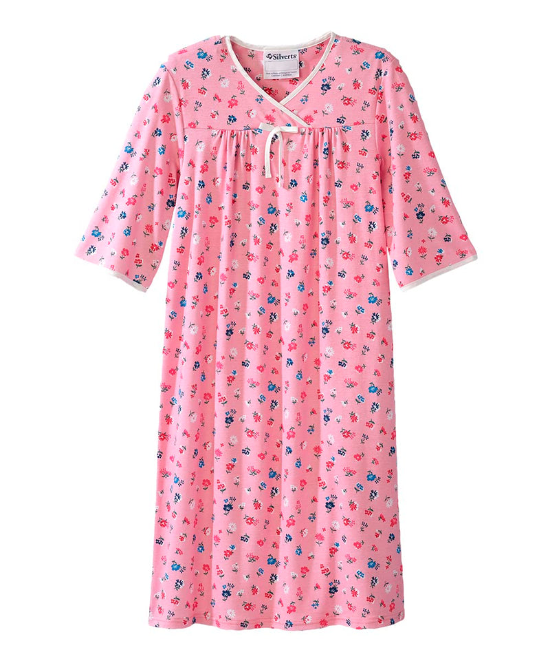 Silverts Open-Back Hospital Gowns for Women – Comfortable, Dignified, Easy Dressing for Seniors & Patients - 2/3 Sleeve Small Sweet Flower