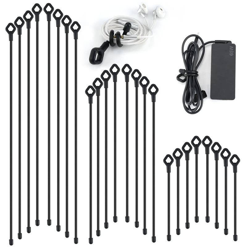 Twist Ties, Reusable Silicone Cable Ties with Holes, 24PK Twist Ties for Cords 6inch, 12inch, 18inch for Bundling and Organizing, Indoor and Outdoor Use(Black)