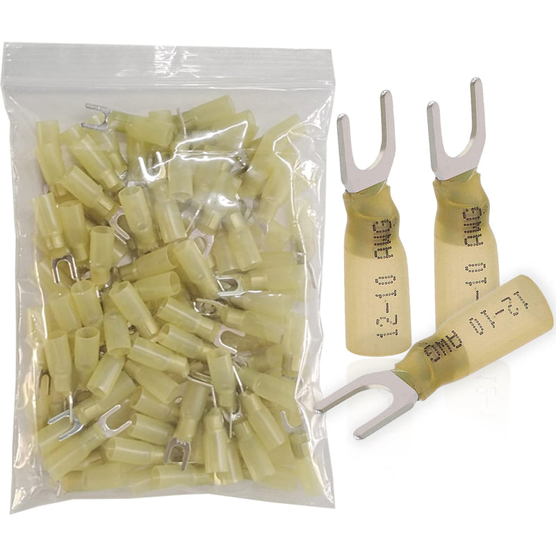 100pcs 12-10 AWG Marine Grade Heat Shrink Fork Connectors, ＃10 Tinned Copper Heat Shrink Fork Terminals, Insulated Electrical Spade Crimp Fork Wire Connectors (Yellow AWG12-10) Yellow AWG12-10