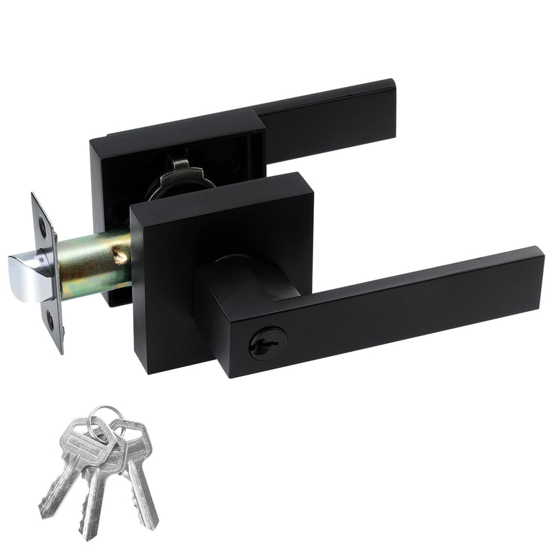 JO.KO Entry Door Lock Set, Square Door Lever for Bedroom, Passage Door Privacy Locking Interior/Exterior Entry Door Knob/Heavy Duty 1 Pack Matte Black
