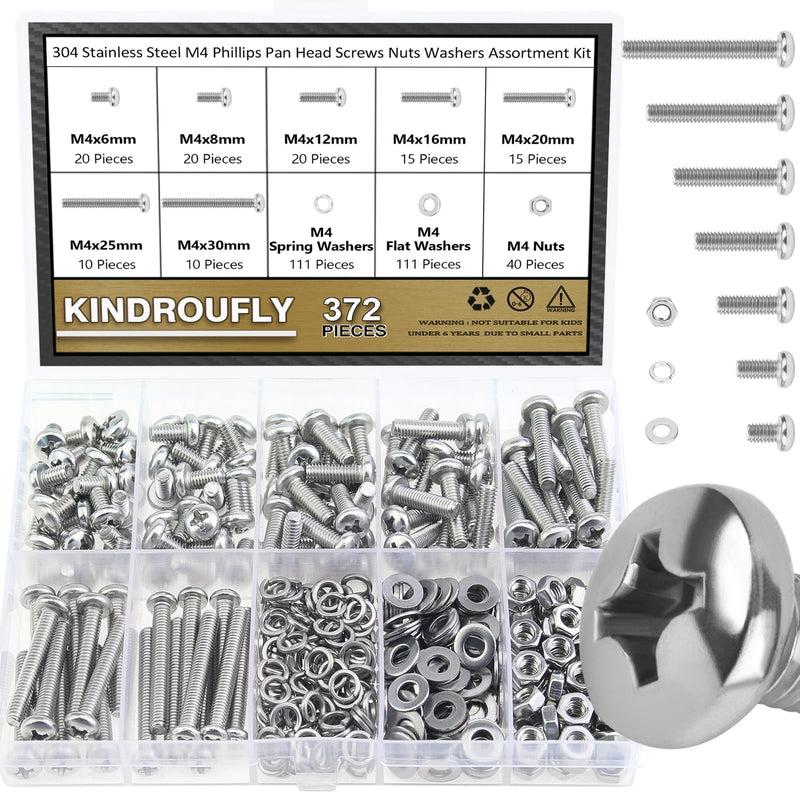 372 Pieces M4 x 6/8 /12/16 /20/25 /30mm Phillips Pan Head Machine Screws Nuts Washers Assortment Kit, 304 Stainless Steel, Fully Machine Thread