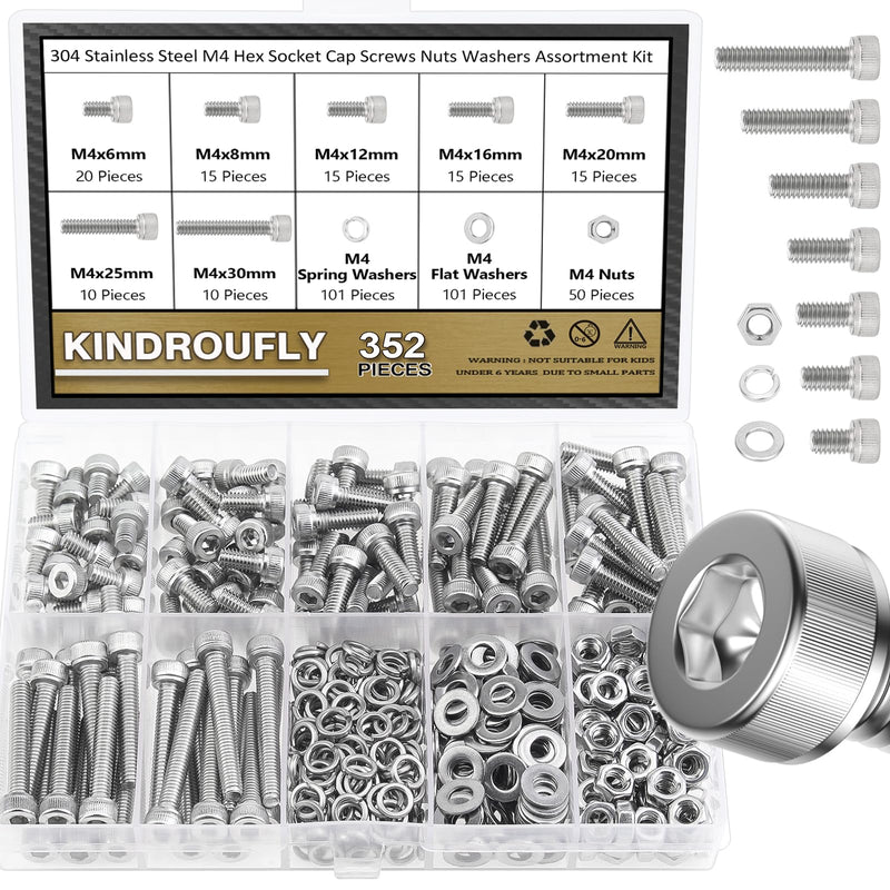 352 Pieces M4 x 6/8 /12/16 /20/25 /30mm Hex Socket Head Cap Screws Nuts Washers Assortment Kit, 304 Stainless Steel, Fully Machine Thread