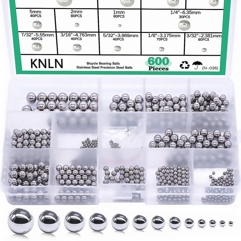 KNLN/600PCS 12 Size Bicycle Bearing Balls Stainless Steel Precision Steel Balls Stainless Steel Assorted Loose Kit 1mm,2mm,5mm,5.5mm,6mm,7mm,8mm,1/4" 7/32" 3/16" 5/32” 1/8" 3/32" N-036-600PCS