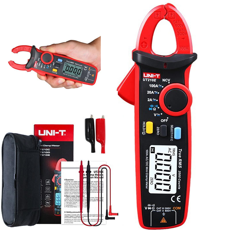 UNI-T UT210E Mini Digital Clamp Meter 100A AC DC Current Voltage True RMS Pliers Ammeter Resistance, Capacitance, Diode Tester Multimeter with Alligator Clip UT210-Combination