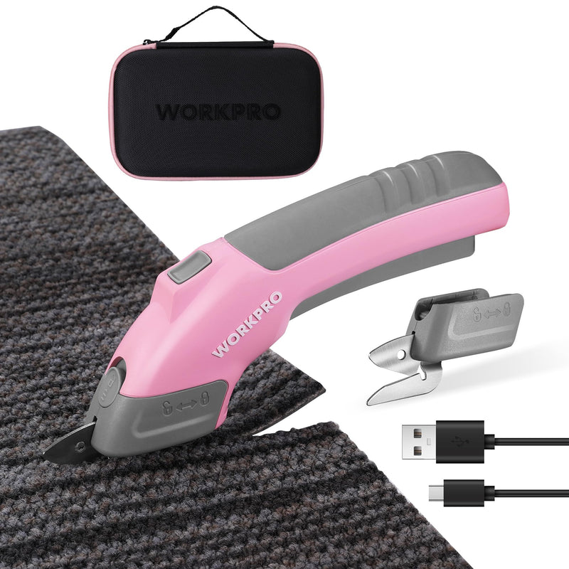 WORKPRO 4V Cordless Electric Scissors With 2 blades, Fabric, Leather, Carpet and Cardboard Cutter, 2000mAh Rechargeable Powerful shears with Storage Case O/D CUTTER