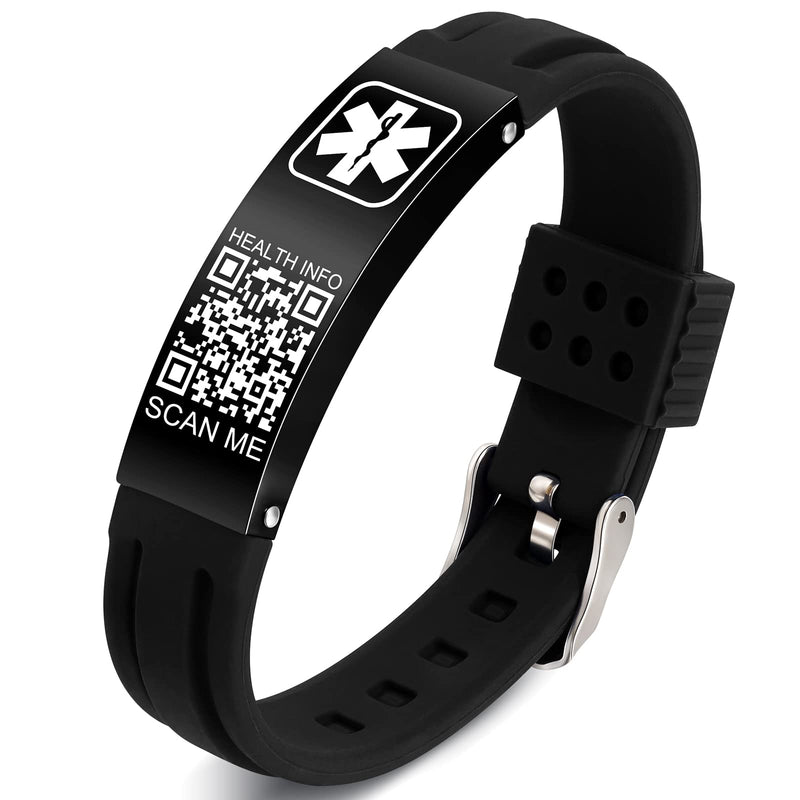 Medical Bracelets for Men Women with QR Code Medical Alert ID Bracelets for Sport Travel - Silicone Waterproof Wristband Fits Wrists Up to 8 inches - More Space Custom Emergency Medical ID Alert Information 9.45'' Folding Buckle - Black+Black