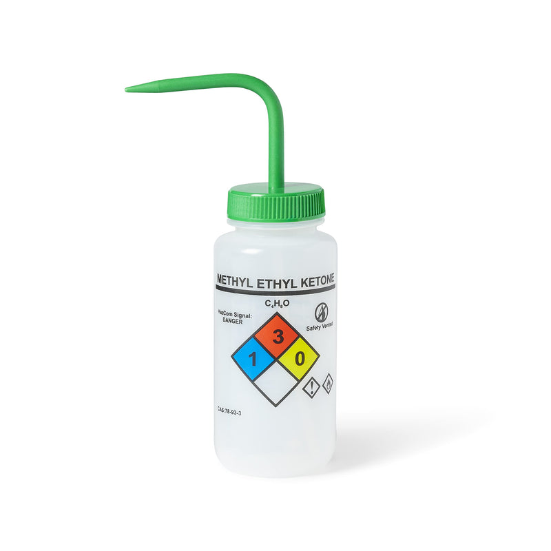 United Scientific™ UniSafe™ Laboratory Grade Wide Mouth LDPE Vented Chemical Wash Bottle, Methyl Ethyl Ketone, 500mL (16oz), 4-Color, Pack of 6