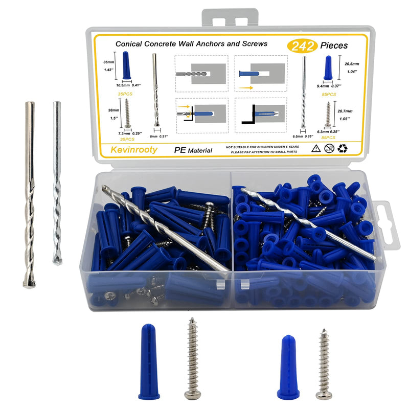 Conical Concrete Wall Anchors and Screws Kit,240 Pcs Wall Anchors and Self Tapping Screw with 2 Pcs Masonry Drill Bits,for Stucco Concrete Masonry Brick Wall.