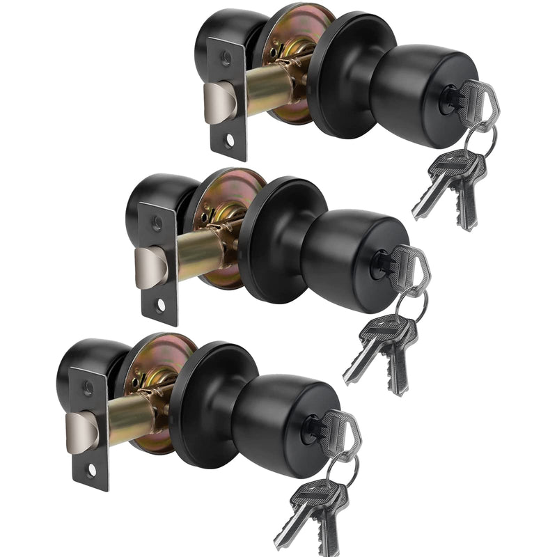 3 Pack Matte Black Round Ball Door Knob with Different Keys Passage Door Privacy Locking Interior/Exterior Door Knob/Berlin Series Lock for Room Door 3pcs Keyed Entry Black Matte ET3