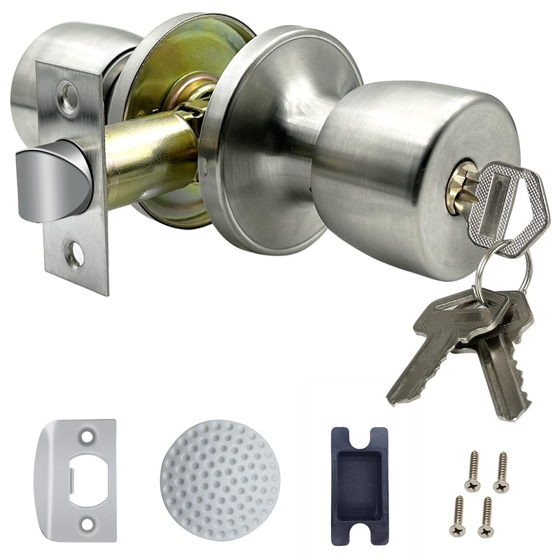 Satin Nickel Door Knob with Lock and Key Round Ball Lock Interior/Exterior Door Knob for Bedroom Or Bathroom (1 Pack) 1 Piece Keyed Entry Stainless Satin ET1