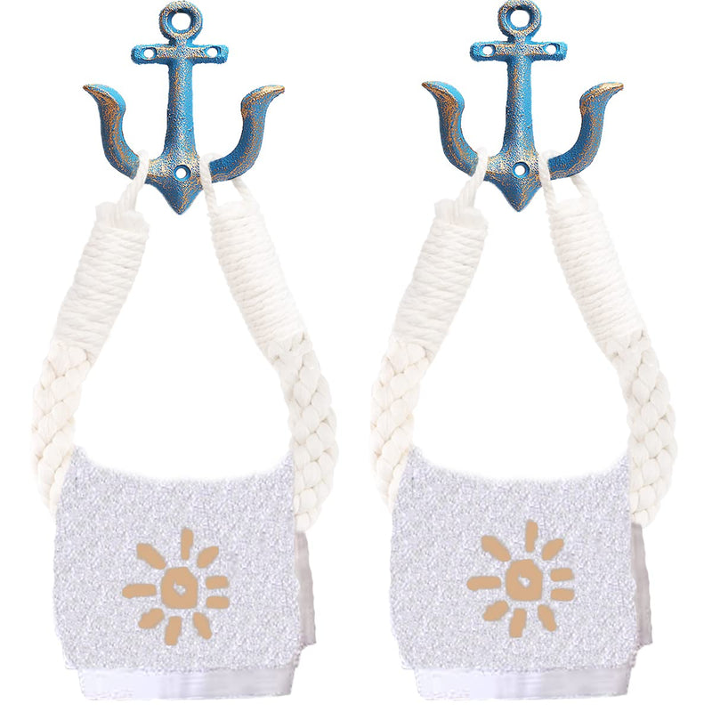 2 Pcs White Nautical Rope Toilet Paper Holder Wall-Mounted Towel Ring Nautical Toilet Paper Holder with Metal Hooks Coastal Towel Rack （Blue+Blue） Blue+blue