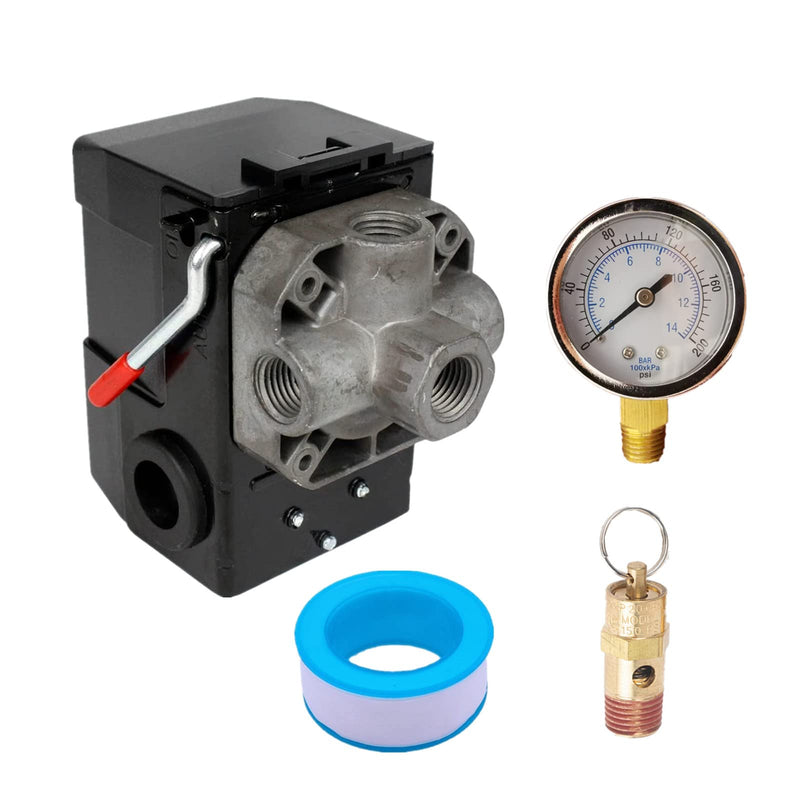 26 AMP H/D Pressure Switch Air Compressor 95-125 Pis 4 Port w/0-200 psi Gauge & 150 psi Pop off valve