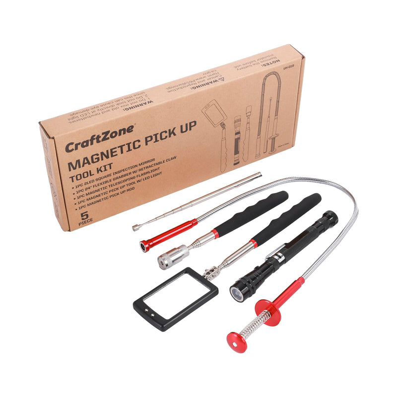 Magnetic Pick Up Kit 5pc, With 1lb And 10lb Pick Up Rod, Square 360 Swivel Adjustable Inspection Mirror And Flexible Led Flashlight, Magnetic And Telescopic