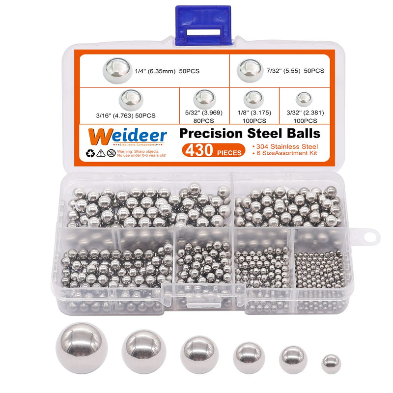 weideer 430pcs Stainless Steel Precision Steel Balls Bicycle Bearing Balls Metal Mixing Balls Assortment Kit 1/4" 7/32" 3/16" 5/32" 1/8" 3/32" K-086-430