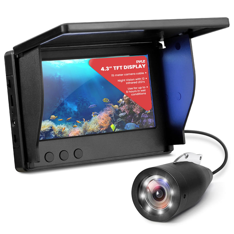 Pyle 4.3” Portable Underwater Fishing Camera with TFT LCD Monitor, 1000TVL IP68 Waterproof Camera, 12 Infrared Lights, Rechargeable Battery, Carrying Case & Sunshield for Ice and Sea Fishing
