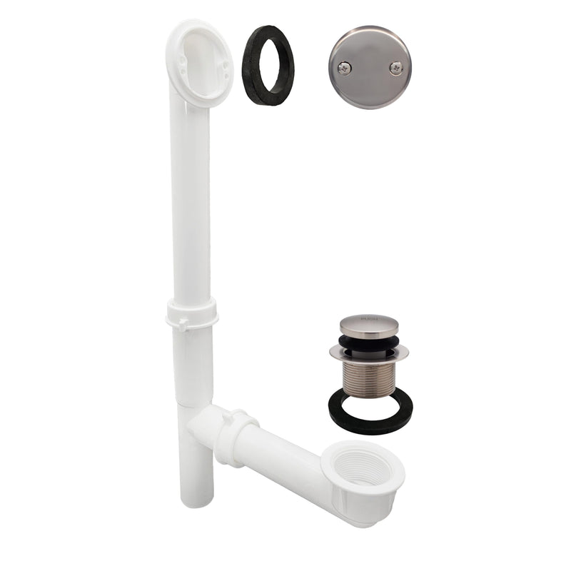 Westbrass A593244-07 14" x 1-1/2" White Tubular Bathtub Waste & Overflow Assembly with Tip-Toe Drain Plug and 2-Hole Faceplate, Satin Nickel 1 Pack