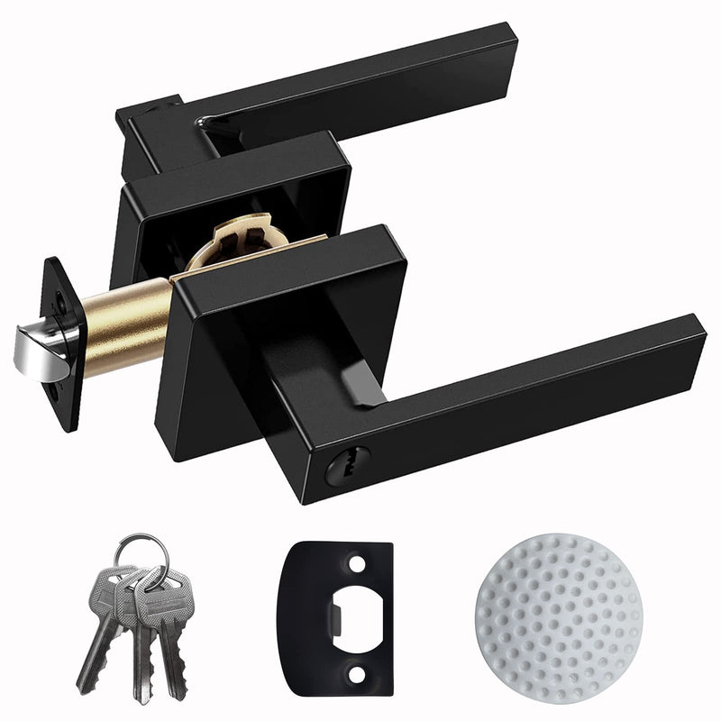 Matte Black Door Handle Heavy Duty, Keyed Alike Entry Door Lever, Door Knobs with Lock and Key, Square Door Lever for Bedroom, Bathroom and Front Door 1 Pack Matte Black