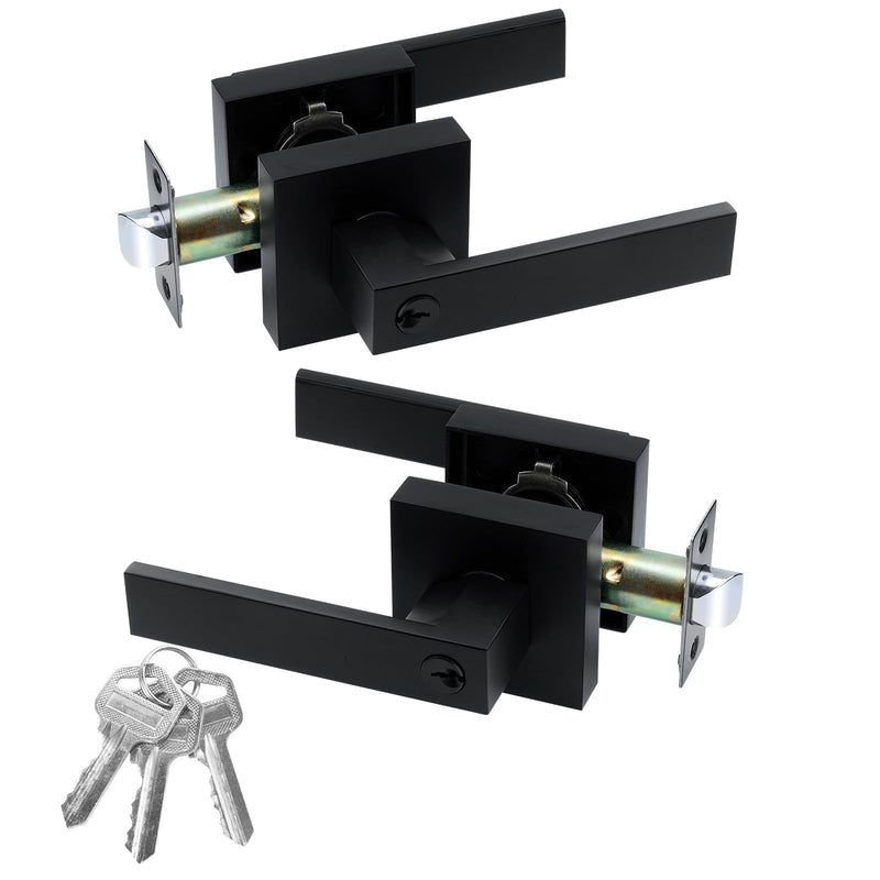 JO.KO Entry Door Lock Set, Square Door Lever for Bedroom, Passage Door Privacy Locking Interior/Exterior Entry Door Knob/Heavy Duty 2 Pack Matte Black