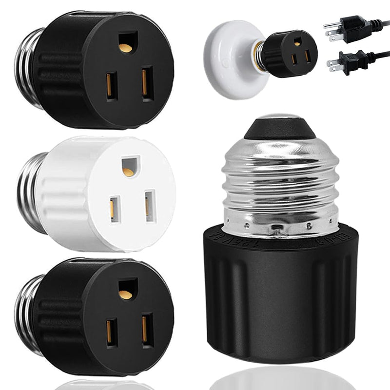 3 Pack,3 Prong Light Socket to Plug Adapter,E26/E27 Light Socket Outlet,Polarized Light Socket Adapter,2/3 Prong Outlet Socket Splitter Converter for Garage Porch,(2 Black 1 White) 2 Black 1 White Plug Adapter