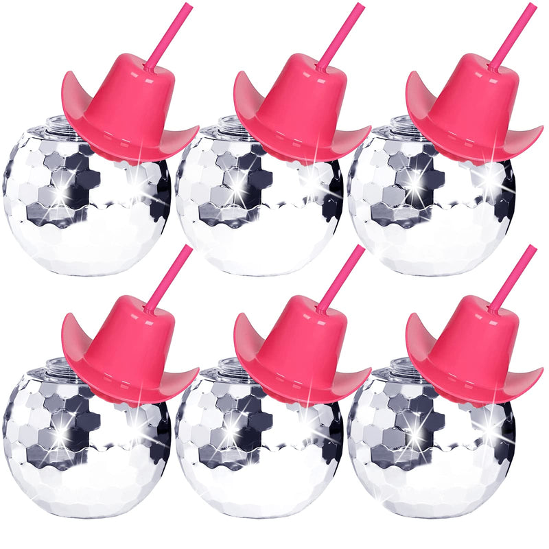 Disco Ball Cups,6 Pcs Silver Disco Cups with Cowboy Hat Lid and Straw, Sparkly Glitter Disco Ball Tumbler Pink Western Cowgirl Hat Disco Ball Cocktail Cup for Party Supplies