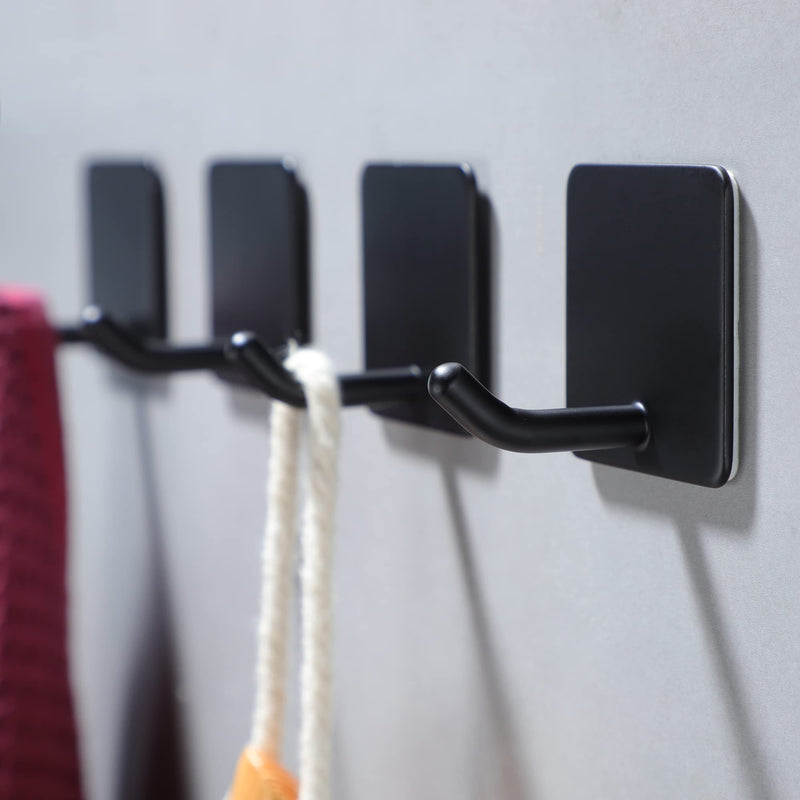 YIGII Adhesive Towel Hooks - 4 Pack Towel Hooks for Hanging Robes Coat Hooks Stick on Wall Hooks Stainless Steel, Matte Black Black-L