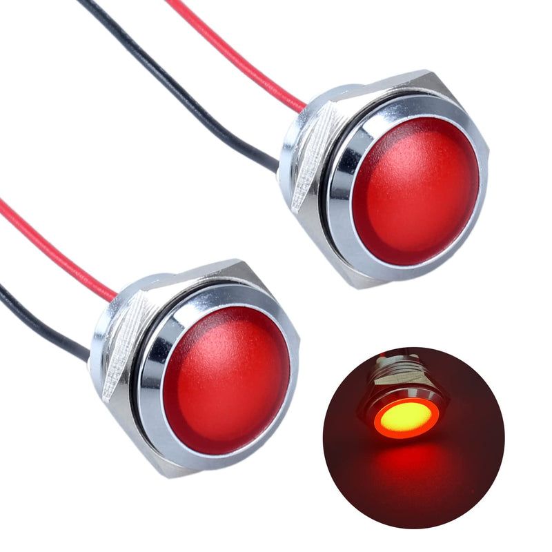 2Pcs 16mm 12V-24V 20mA Metal Energy Saving LED Indicator Light Spherical Round Signal Lamp 0.47" Mounting Hole Waterproof with 15cm/5.91in. Wire for Car Truck Boat Red LED