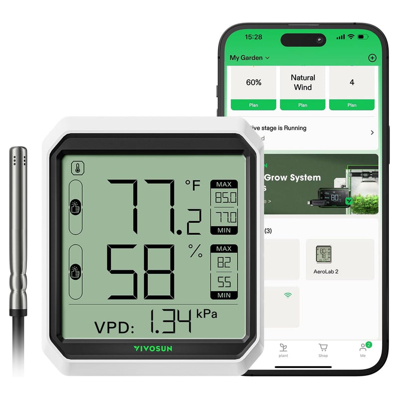 VIVOSUN AeroLab THB1S Wireless Bluetooth Hygrometer Thermometer Indoor, VPD, Digital Temp Humidity Meter, LCD Smart App Control & Alert, Data Storage, Dual Channels with Sensor Probe, Battery Included Thermometer with External Probe