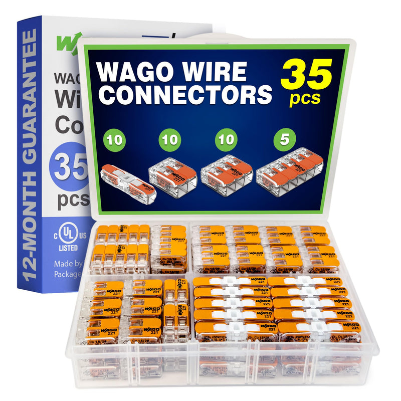 WAGO 221 Series 35pc Compact Splicing Wire Connectors | Includes (10x 221-2401), (10x 221-412), (10x 221-413), (5X 221-415) | WAGO Wire Connectors | WAGO 221 Wire Nuts | WAGO 221 Series Inline NAA221-35