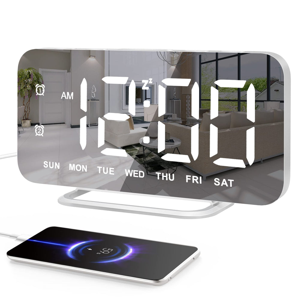 Super Slim LED Digital Alarm Clock, Mirror Surface for Makeup, with Diming Mode, 4 Levels Brightness, Large Display, Easy Setting, Dual USB Ports, Modern Decoration for Home, Bedroom Decor(White) White - NewNest Australia