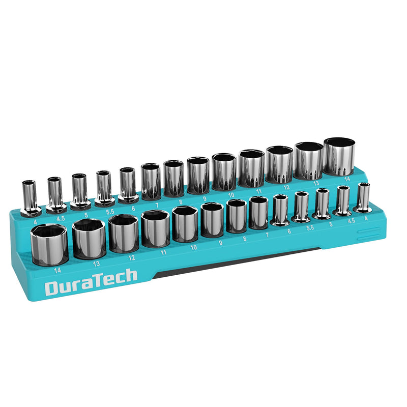 DURATECH Magnetic Socket Organizer, 1/4" Metric Socket Tray Holds 26 Pieces Standard & Deep Size Sockets, Magnetic Sockets Holder(Socket Not Included) 1/4" DR, Metric