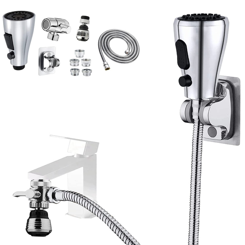 Kitchen Faucet Sink Sprayer Attachment Set,3 Modes Sink Sprayer Replacement Head with Stainless Steel Hose,Faucet Aerator and Brass Diverter Valve (5 pcs Adapter) for Washing Fruit,Dishes and Hair1 With Silver Hose