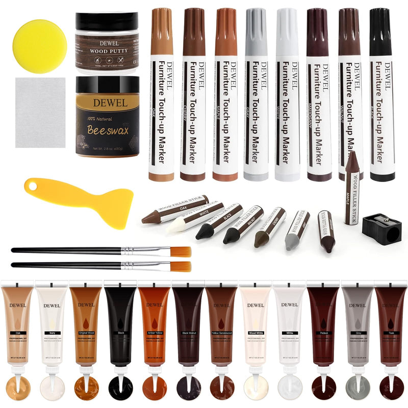 DEWEL Wood Furniture Repair Kit, New Upgrade Wood Fillers, Furniture Touch Up Markers, Wax Sticks, Wood Putty with Beeswax for Cracks, Wood Hole, Scratches, Floor, Table, Door 12+8+8