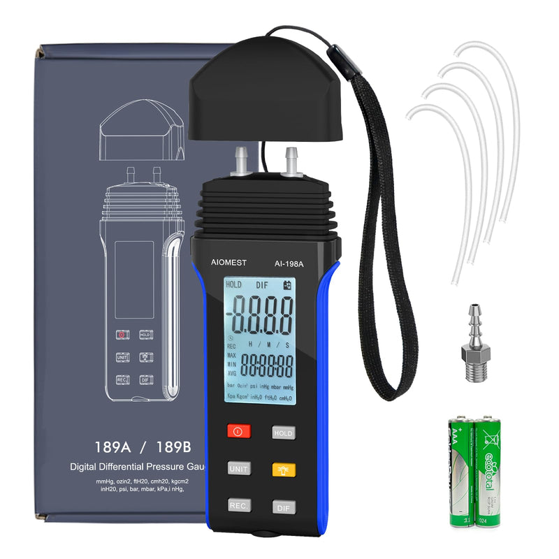 AIOMEST Digital Manometer Gas Pressure Tester ±2 psi / ±13.79 kpa, Dual Port Air Flow Pressure Gauge AI-189A for HVAC Gas Furnace