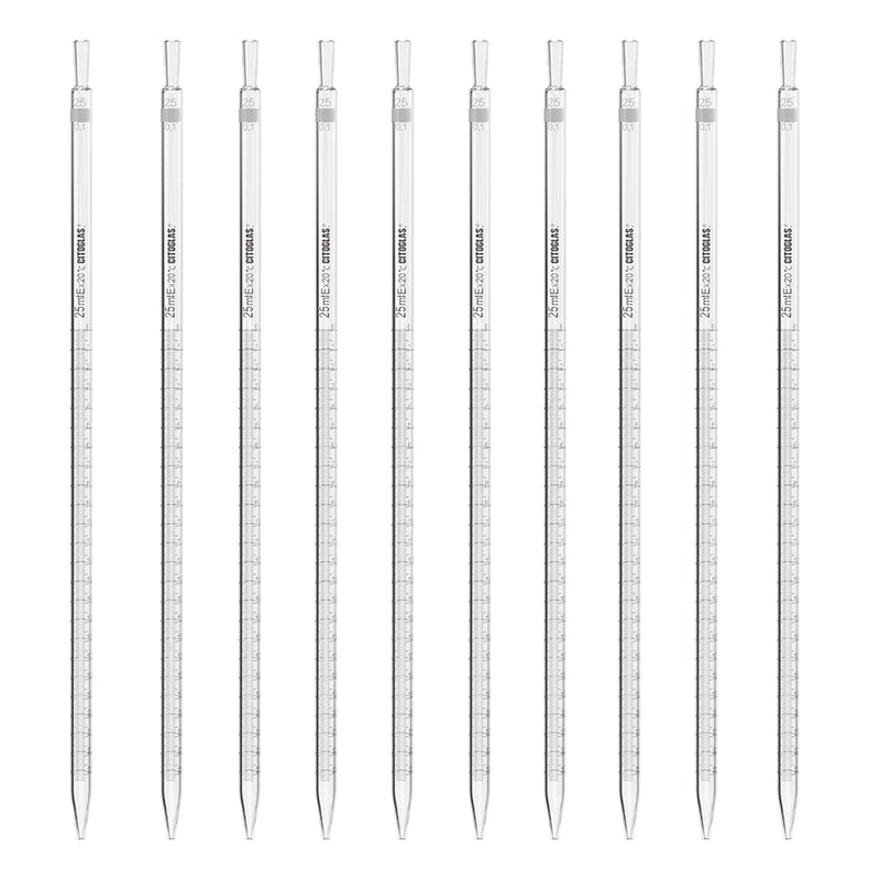ONiLAB Glass Graduated Pipette, 25ml,Tolerance ±0.2ml, Standard Sodium Calcium Glass Pipettes for Transfer Liquid or Essentail Oil for Lab, Chemistry（10 pcs） 17900305