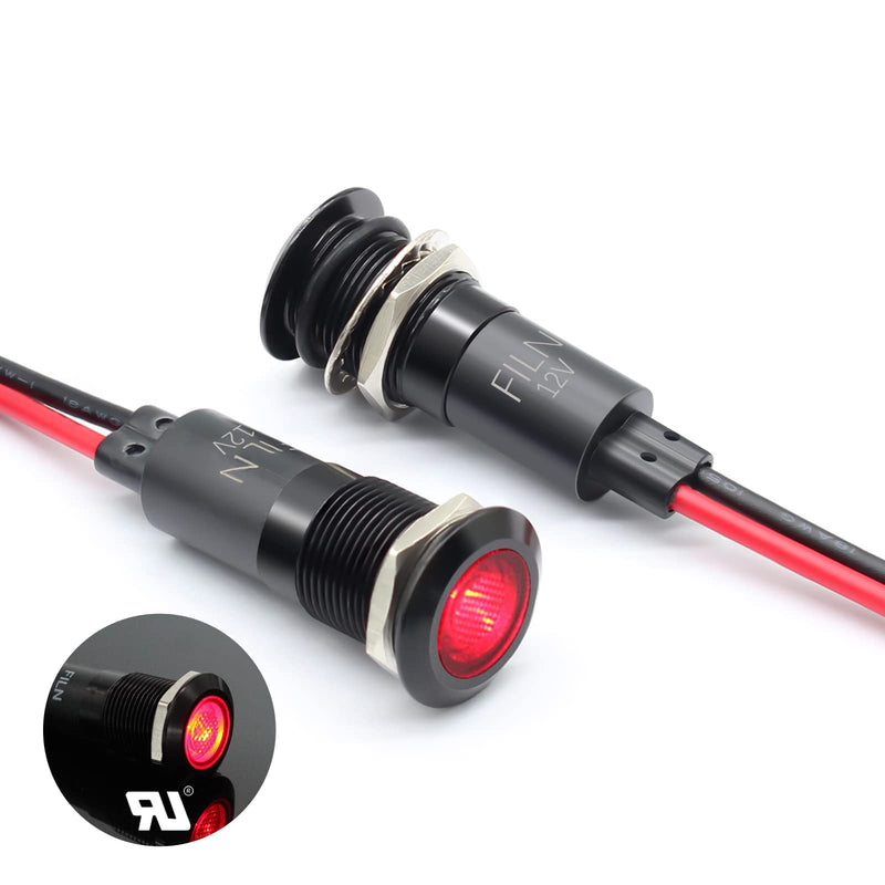 2PCS 12mm (1/2") Indicator light LED indicator Light Waterproof Metal Signal Lamp 12V IP67 Pilot Dash Lamp Head Blue for Car Boat Light (12v-Black Anodized Red 2PCS) 12v-Black Anodized